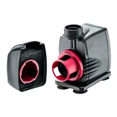 Bomba de água preta com detalhes vermelhos e filtro de espuma