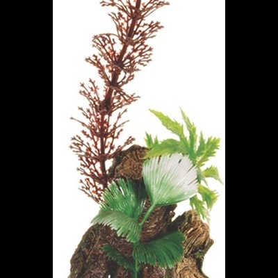 Decoração para aquário com planta artificial verde e vermelha sobre base que imita rocha castanha