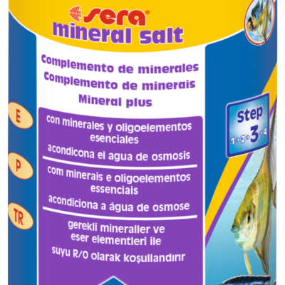 Frasco amarelo seraa mineral salt com peixes e indicações para aquários