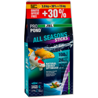 Saco de alimento para peixes JBL Pro Pond All Seasons Sticks 7,5 kg com design azul e preto