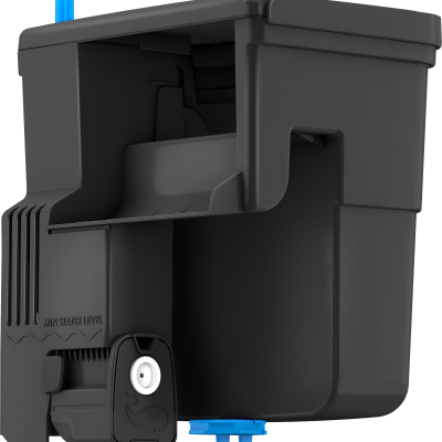 Recipiente de plástico cinzento com tampa e válvula azul e texto MIN WATER LEVEL