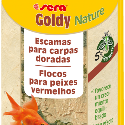 Embalagem amarela de flocos para peixes vermelhos e carpas douradas com texto e imagens de peixes