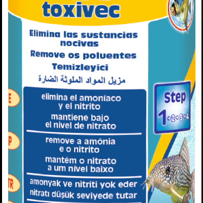 Frasco do produto Sera Toxivec para aquários com texto multilingue e imagens de peixes tropicais