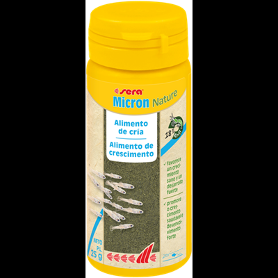 Frasco amarelo com rótulo de alimento para camarões com texto em português