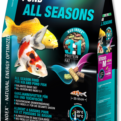 Pacote de ração para peixes JBL PRO POND ALL SEASONS com imagens de peixes Koi e descrição do produto.