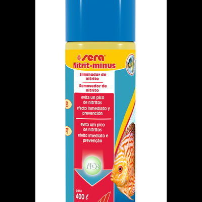 Produto para aquários Sera Nitrit-minus com rótulo colorido e tampa azul