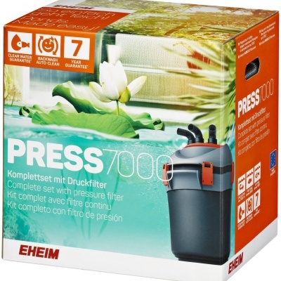 Caixa do filtro EHEIM PRESS 7000 com imagem do filtro e plantas aquáticas