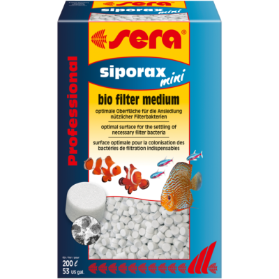 Caixa azul e amarela do filtro biológico Sera Siporax Mini com pequenas bolas brancas e imagens de peixes.