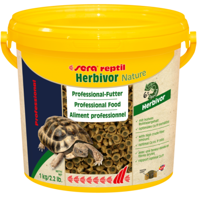 Recipiente amarelo de alimento para répteis herbívoros com imagem de tartaruga