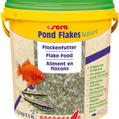 Embalagem amarela de alimento em flocos para peixes com tampa verde