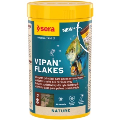 Embalagem amarela de alimento Sera VIPAN FLAKES para peixes ornamentais com imagem de peixes e rótulo detalhado