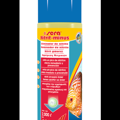 Frasco de produto aquático sera Nitrit-minus com tampa azul e rótulo colorido