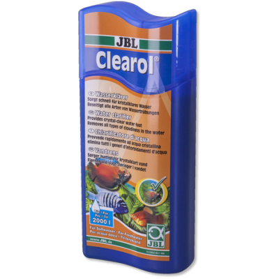 Frasco azul JBL Clearol de clarificador de água para aquário com rótulo colorido e peixes