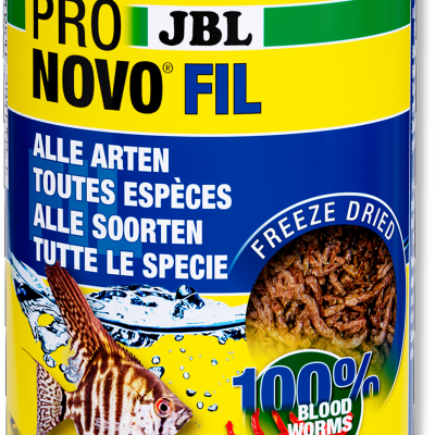 Embalagem amarela e azul de alimento para peixes JBL Pro Novo Fil com imagens de peixes e texto sobre larvas desidratadas.