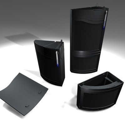 Conjunto de quatro caixas acústicas pretas com tecido e plástico