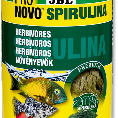 Embalagem amarela de ração para peixes JBL Pro Novo Spirulina com texto e imagens