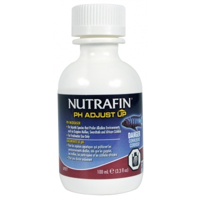 Frasco branco de Nutrafin pH Adjust Up com rótulo azul e vermelho