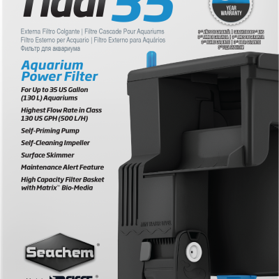 Filtro externo preto para aquário Tidal 35 da Seachem com detalhes azuis