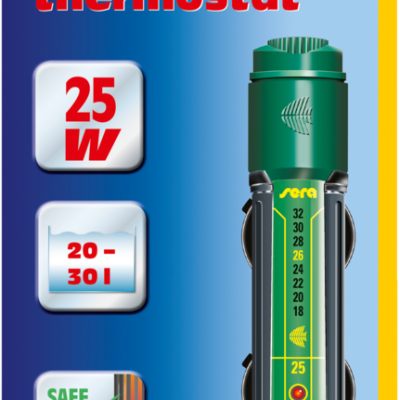 Embalagem de termóstato aquecedor de aquário Sera com texto 25 W, 20-30 l, seguro para peixes, garantia 5 anos e certificações.