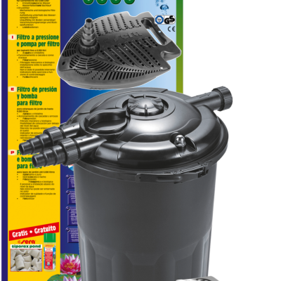 Conjunto de filtro para lago Sera Pond Fil Bioactive Set 6000 com bomba e embalagem colorida.