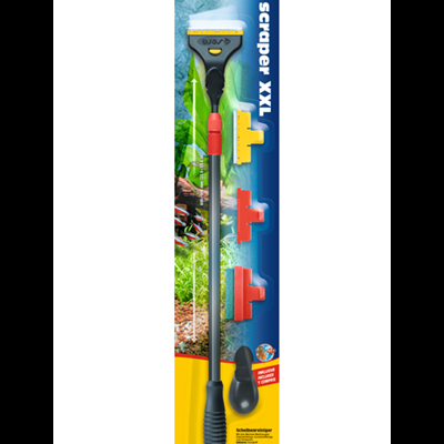 Raspador XXL sera com cabo longo, lâmina metálica e acessórios coloridos em embalagem azul e amarelo