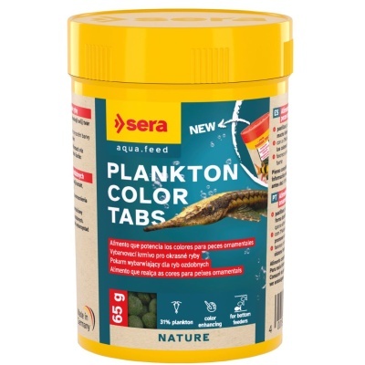 Embalagem amarela do alimento para peixes Sera PLANKTON COLOR TABS com rótulo azul e vermelho