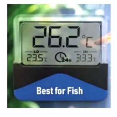 Termómetro digital com temperatura de 26.2°C e etiqueta Best for Fish