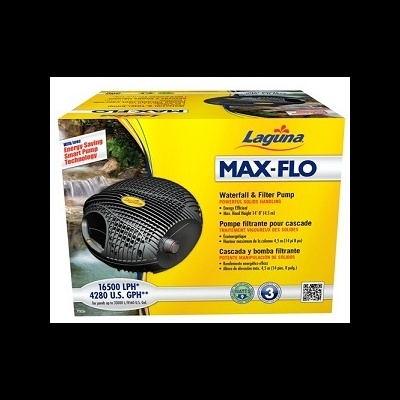 Caixa amarela e branca da bomba de filtro Laguna Max-Flo com texto e imagem do produto preto