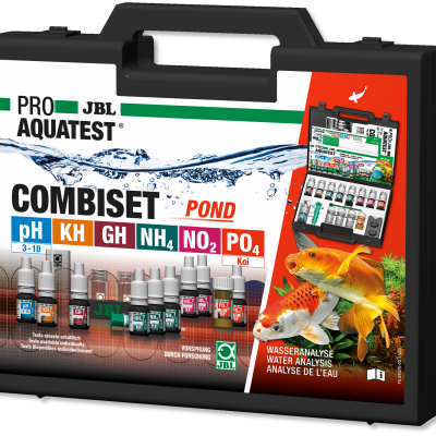 Mala preta para análise de água JBL ProAquaTest Combiset Pond com frascos e imagem de peixes dourados.