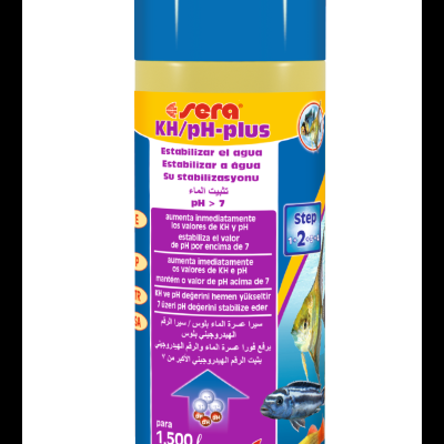 Produto Sera KH/pH-plus em frasco amarelo com tampa azul para aquários