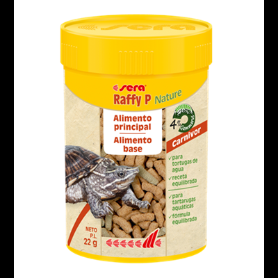 Embalagem amarela com rótulo de alimento para tartarugas de água da marca Sera Raffy P Nature