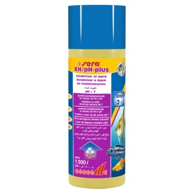 Frasco de produto líquido para aquários sera KH/pH-plus com tampa azul e etiquetas coloridas