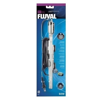 Aquecedor aquário Fluval 50W prata com cabo preto em embalagem azul