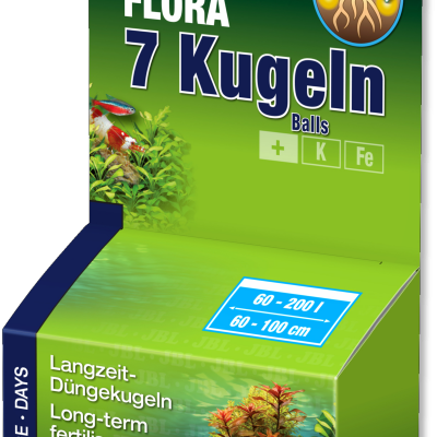 Embalagem verde de fertilizante para plantas aquáticas JBL Pro Flora 7 Kugeln com ilustração de plantas e peixes