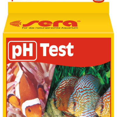 Caixa amarela de teste de pH para aquário com imagens de peixes