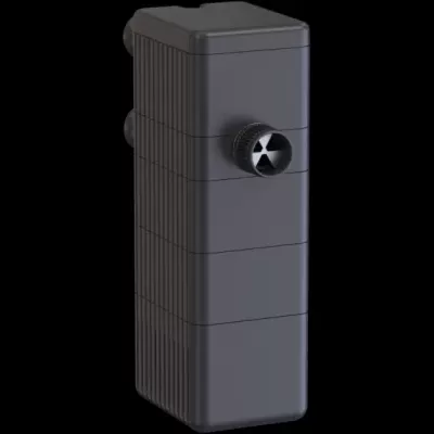 Filtro ou recipiente retangular preto com peça circular tipo hélice