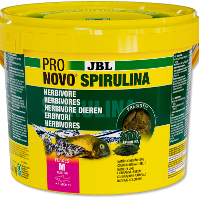 Embalagem amarela de ração para peixes JBL Pro Novo Spirulina com texto e imagens de peixes.