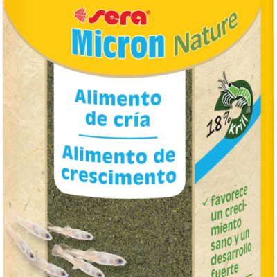 Embalagem amarela de alimento para peixes com rótulo 'sera Micron Nature' e 25g