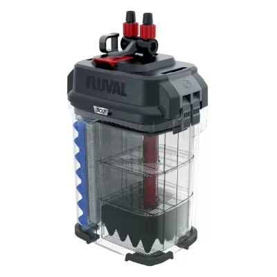 Filtro fluval 307 para aquário em plástico transparente e detalhes a preto, azul e vermelho