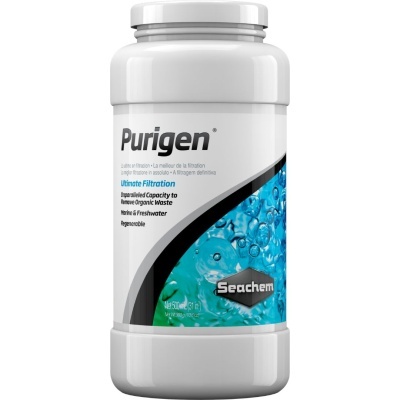 Frasco branco de filtro Purigen da Seachem com rótulo azul e branco