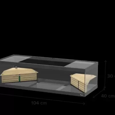 Aquário retangular com duas casas em miniatura dentro