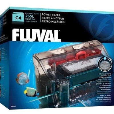 Filtro de motor Fluval C4 para aquários até 265 litros em caixa azul com imagens de peixes