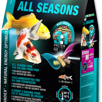Embalagem preta e verde de comida para peixes JBL ProPond All Seasons com imagens de peixes e texto multilingue.