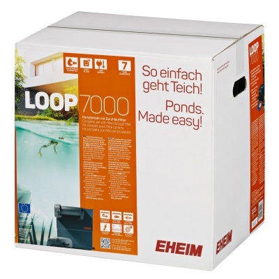 Caixa do produto LOOPY 7000 da EHEIM com imagem de lago e texto em branco e laranja