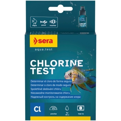 Embalagem de teste de cloro para aquários e lagos com ilustração de peixe
