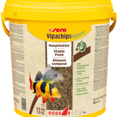 Embalagem amarela de Sera Vipachips Nature, alimento composto para peixes em chips afundáveis, 3,6 kg.