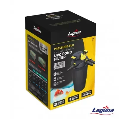 Caixa do filtro para lagoa Laguna Pressure-Flo UVC Pond Filter com detalhes em preto, amarelo e branco