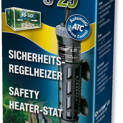 Embalagem azul de termostato regulável para aquário JBL ProTemp S 25 com texto multilíngue.