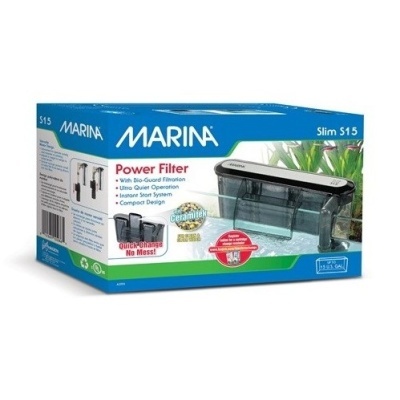Caixa azul e branca de filtro de aquário Marina Slim S15 Power Filter com imagens e texto