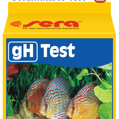 Embalagem amarela de teste gH da Sera para aquários com imagem de peixes